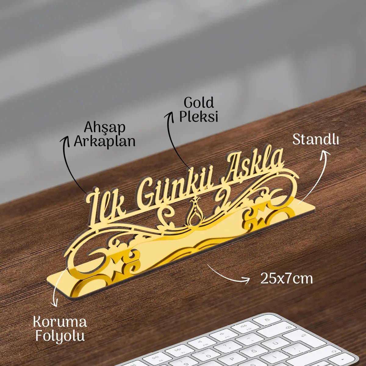 Masa Üstü Dekor, İlk Günkü Aşkla, Salon ve Ofis Dekor, Masa Aksesuarları, 25x7 Serhendi Logolu Altın Pleksi M1 Masa Üstü Serhendi Logolu Ürünler - 3
